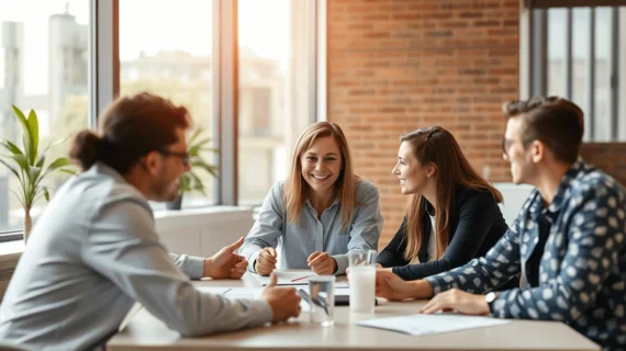 Kollegen im Gespräch während eines produktiven Meetings in einem hellen Büro