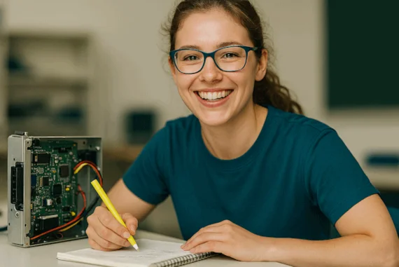 Junge Frau mit Brille lächelt, sitzt an einem Tisch mit offenem Elektronikgerät und schreibt Notizen.