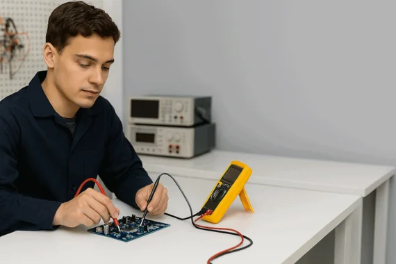 Junger Mann misst mit Multimeter an einer Leiterplatte in einem Elektroniklabor.