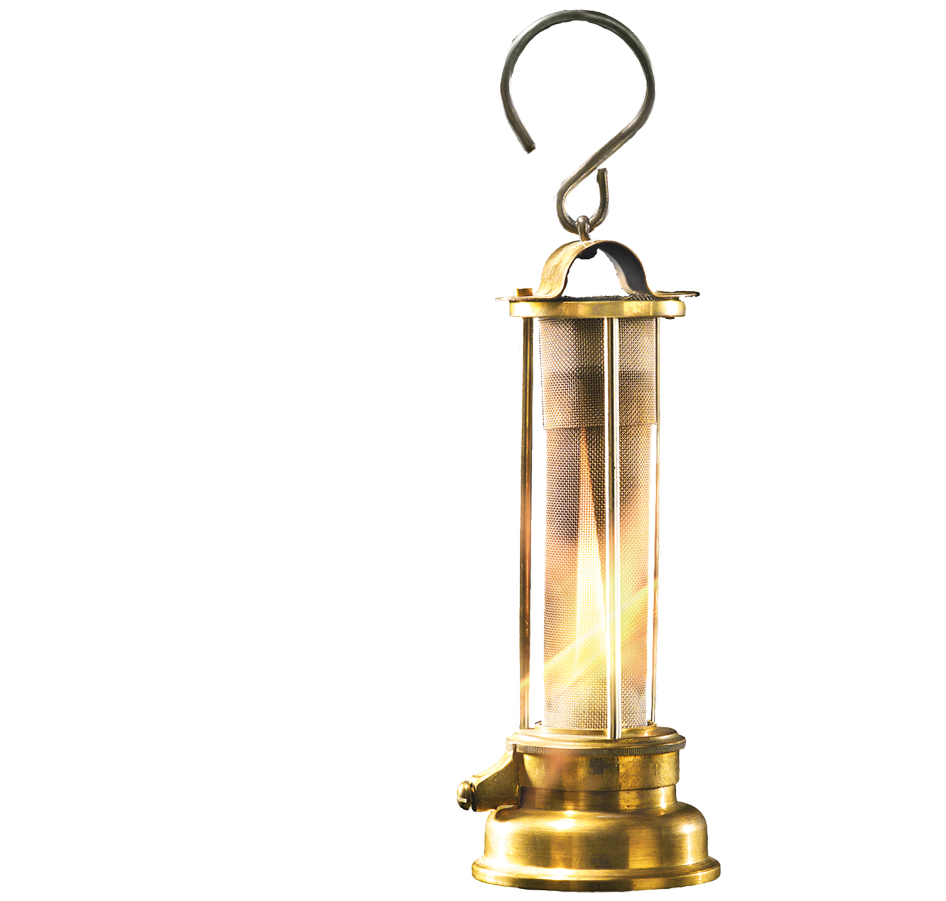 Grubenlampe mit Zylinder aus Messingdrahtge