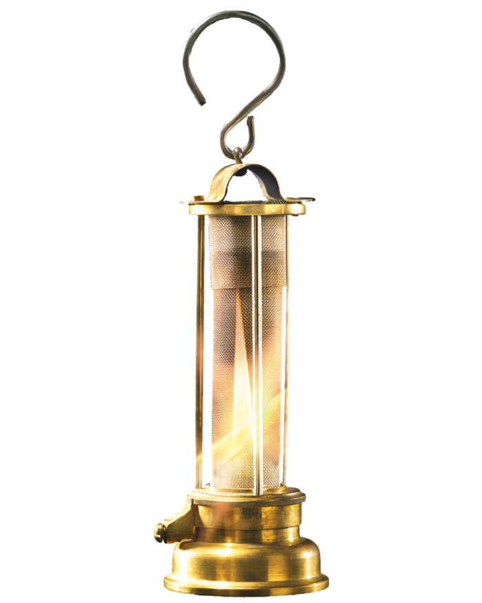 Grubenlampe mit Zylinder aus Messingdrahtge