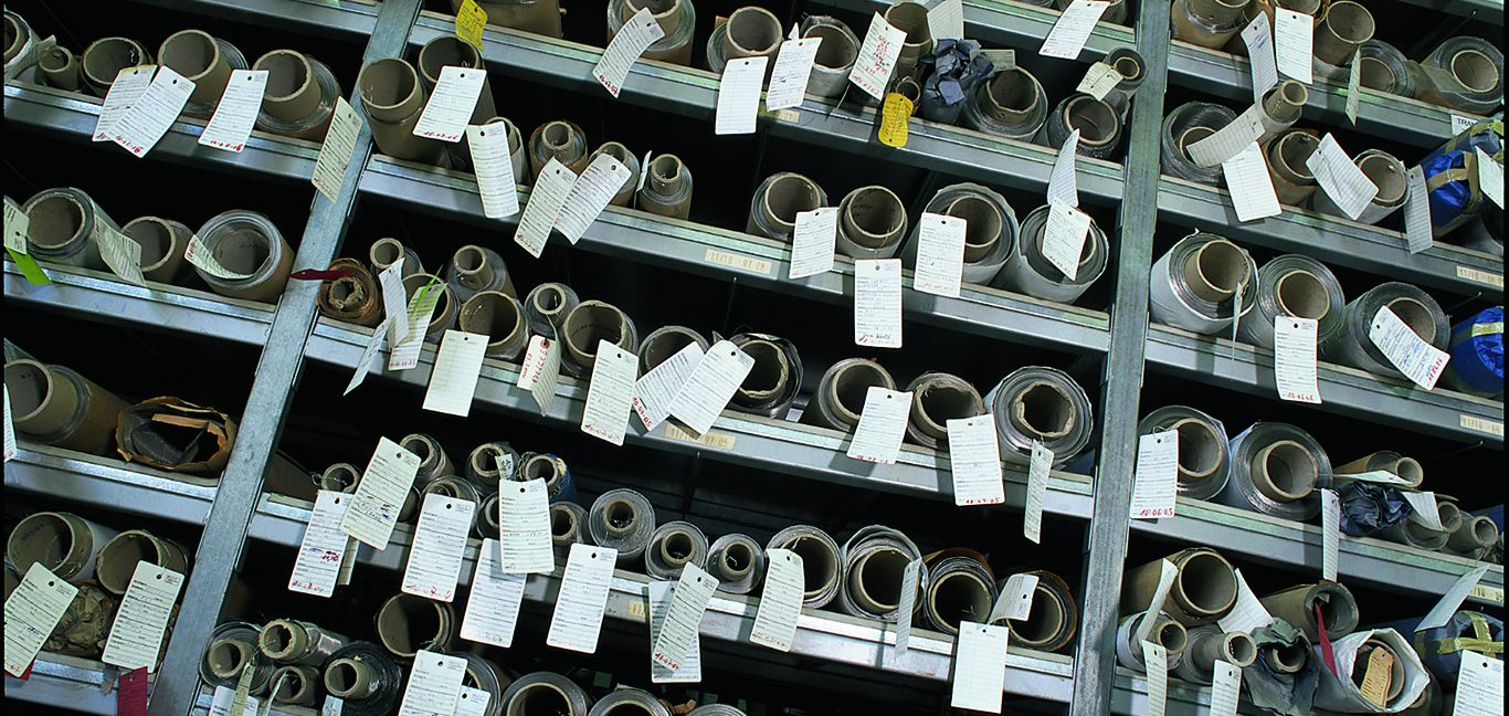 Wire mesh fabric rolls in the shelf warehouse