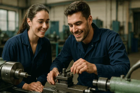 Zwei Auszubildende in blauer Arbeitskleidung arbeiten lächelnd gemeinsam an einer Drehbank in einer Werkhalle.