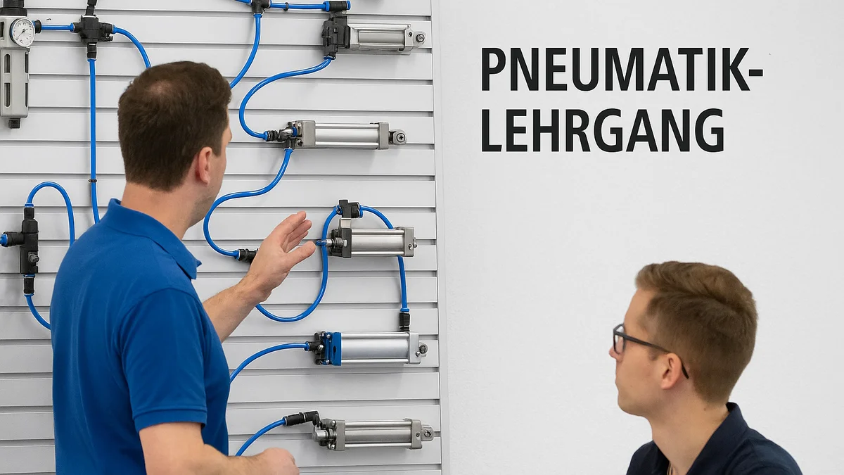 Praktische Schulung in Pneumatik – zwei Personen arbeiten an einem Wandmodul mit Druckluftsystemen