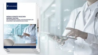 Cover page of a white paper by Haver & Boecker on medical technology, featuring a doctor in a white coat, a tablet, and graphic health symbols.