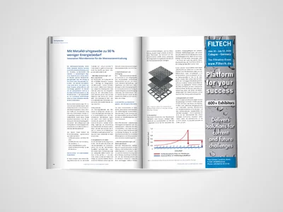 Zweiseitiger Mockup des Anwenderbeitrags "Mit Metalldrahtgewebe zu 90 % weniger Energiebedarf"