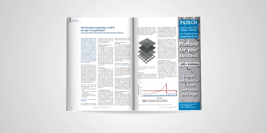 Zweiseitiger Mockup des Anwenderbeitrags "Mit Metalldrahtgewebe zu 90 % weniger Energiebedarf"