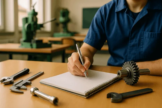 Mechaniker-Azubi schreibt in Notizbuch, umgeben von Werkzeug und Zahnrad, in Schulungsraum bei Haver & Boecker.