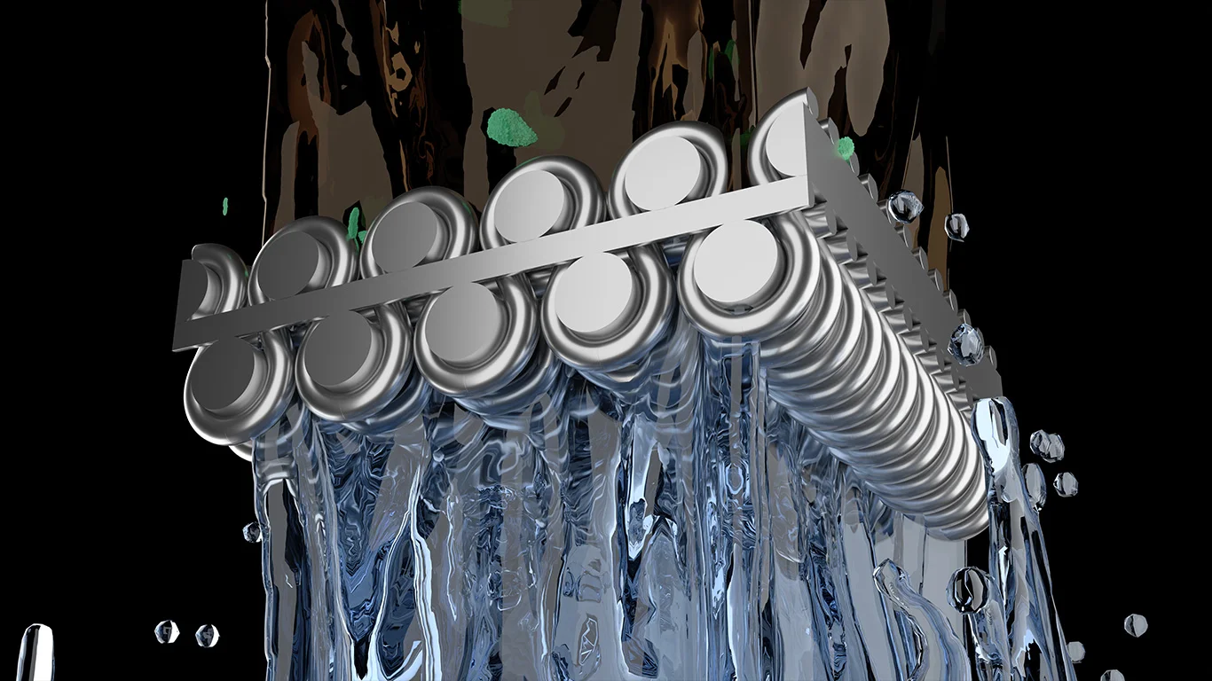 Visualisierung des RPD HIFLO-S Gewebes von Haver & Boecker mit effizientem Flüssigkeitsdurchfluss durch präzise strukturierte Drahtgeometrie.