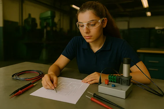 Junge Frau mit Schutzbrille zeichnet in Werkstatt einen Schaltplan, umgeben von mechatronischem Equipment.