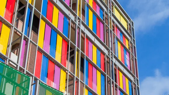 Colourful stainless steel wire mesh facade cladding- fully painted.
