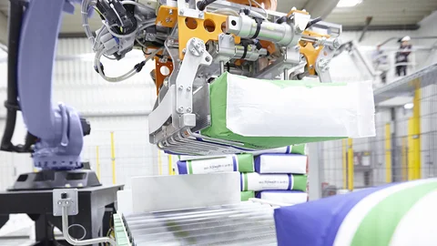 A blue robot palletizer lifts filled bags from the assembly line with its gripper arm. 