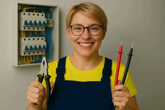 Lächelnde Elektrikerin mit Zange und Messfühlern vor Sicherungskasten – Symbolbild für Grundkurs Elektro bei Haver & Boecker Academy.