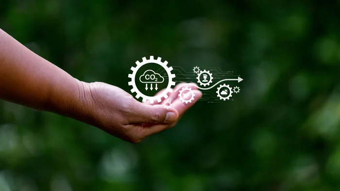 Hand hält Icons zum Thema Umwelt und vor allem CO2-Abscheidung