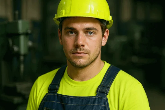 Junger Auszubildender mit gelbem Schutzhelm und Warnshirt in Werkhalle, Blick in Kamera.