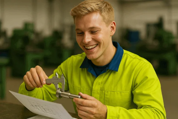 Junger Mann in Arbeitskleidung misst Metallteil mit Messschieber und vergleicht es mit technischer Zeichnung, in Werkstattumgebung.
