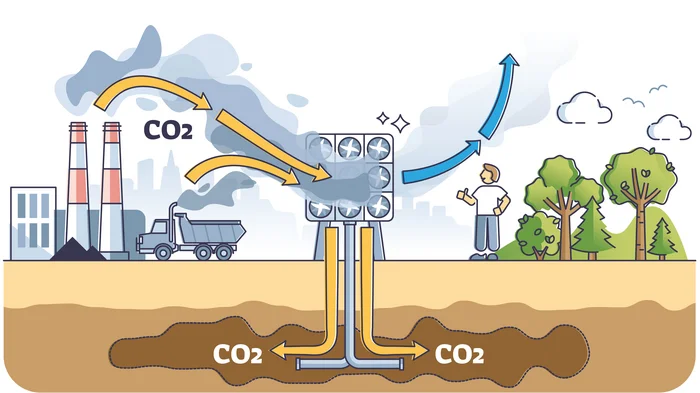 Grafik zeigt die Funktionsweise des Carbon Capture, also der CO2 Abscheidung am Emissionspunkt.