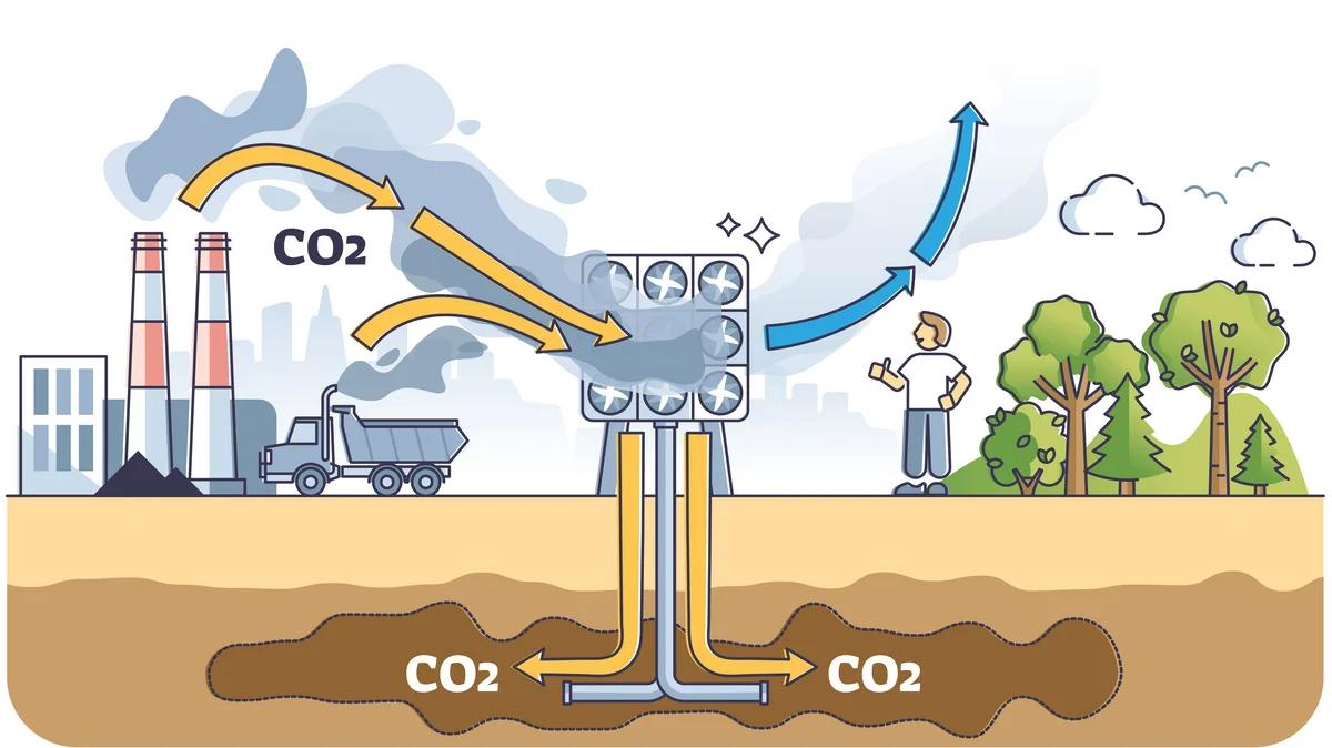 Grafik zeigt die Funktionsweise des Carbon Capture, also der CO2 Abscheidung am Emissionspunkt.