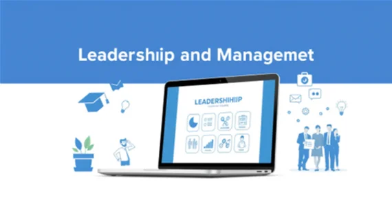 Grafik zu Leadership und Management mit Symbolen für Wissen, Innovation und Teamführung