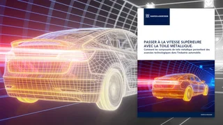 Voiture futuriste dans un environnement lumineux, à côté de la couverture d’un livre blanc sur les composants en toile métallique dans l’industrie automobile de Haver & Boecker.