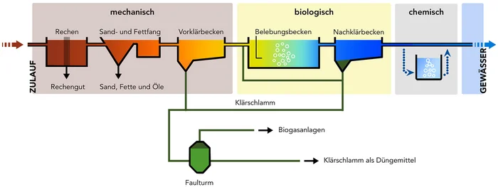 Skizze eines Reinigungsprozesses in einer Kläranlage