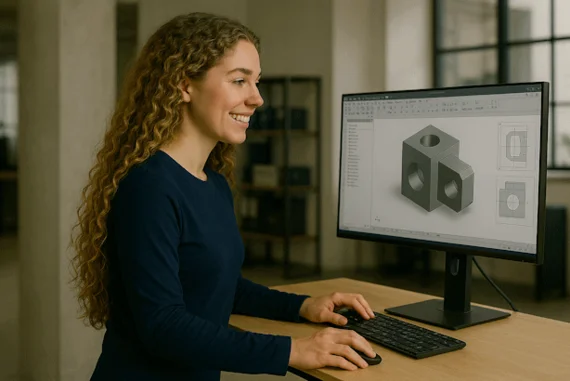 Frau arbeitet am Computer mit CAD-Software, erstellt 3D-Modell für Produktdesign.