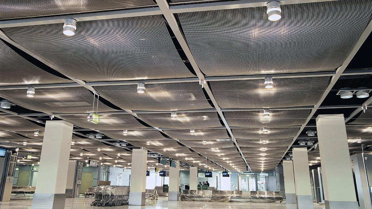 Removable ceiling system with sagging wire mesh elements.