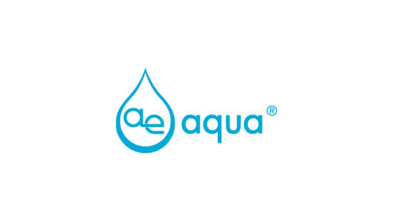 Blaues ae AQUA-Logo mit stilisiertem Wasserwellen-Symbol.