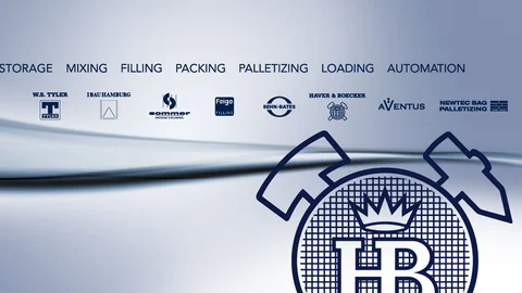 Logos of all HAVER & BOECKER technology subsidiaries as a process chain: Processing, storage, mixing, filling, packing, palletizing, loading, automation