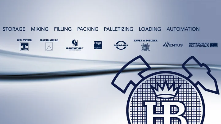 Logos aller HAVER & BOECKER Technologietöchter als Prozesskette: Processing, Storage, Mixing, Filling, Packing, Palletizing, Loading, Automation