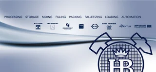 Logos de toutes les filiales technologiques HAVER & BOECKER sous forme de chaîne de processus : Traitement, stockage, mélange, remplissage, emballage, palettisation, chargement, automatisation.