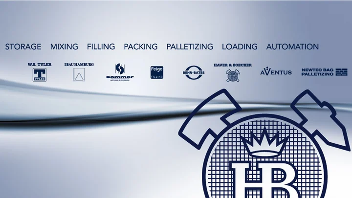 Logos of all HAVER & BOECKER technology subsidiaries as a process chain: Preparation, storage, mixing, filling, packing, palletizing, loading, automation