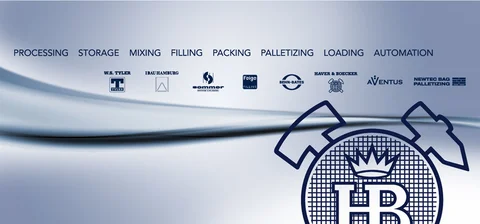 Logos de toutes les filiales technologiques HAVER & BOECKER sous forme de chaîne de processus : Traitement, stockage, mélange, remplissage, emballage, palettisation, chargement, automatisation.