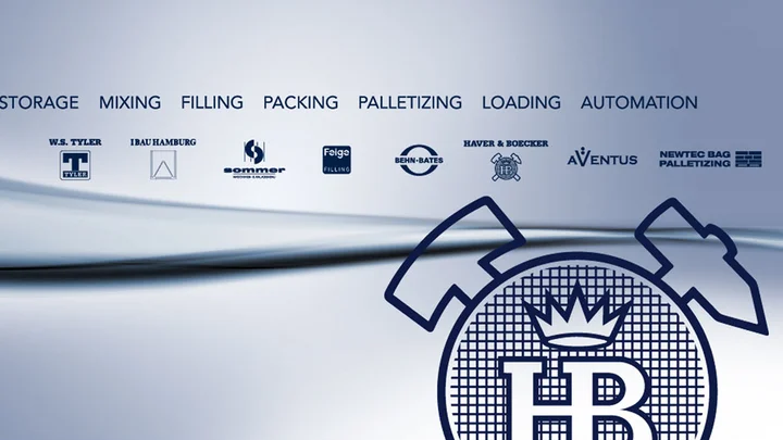 Logos of all HAVER & BOECKER technology subsidiaries as a process chain: Processing, storage, mixing, filling, packing, palletizing, loading, automation