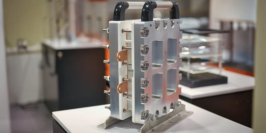 Le module HyVentus, avec son cadre et ses poignées en métal, présenté sur une table blanche, illustre la technologie de filtration innovante de Haver & Boecker Drahtweber.
