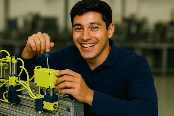 Junger Mann montiert lächelnd Bauteile an mechatronischem Trainingsmodul.