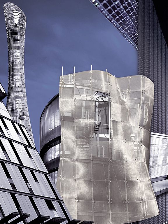 Collage mit Anwendungsmöglichkeiten von Architekturgewebe